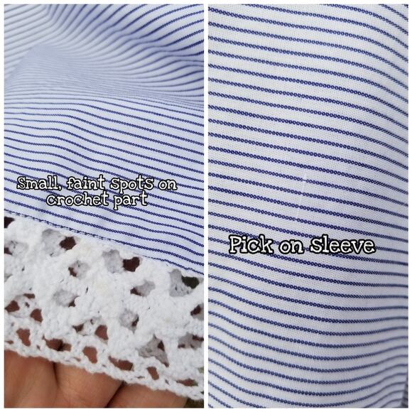 Pinstripe Crochet Inset Top Blue White Stripe Size S VNeck Peck & Peck NWT - Picture 5 of 8